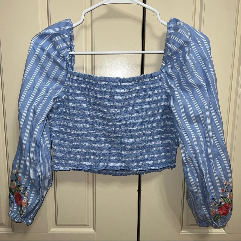 Xhilaration Striped Embroidered Smocked Square Neck Puff Sleeve Crop Top Shirt - Picture 3 of 11